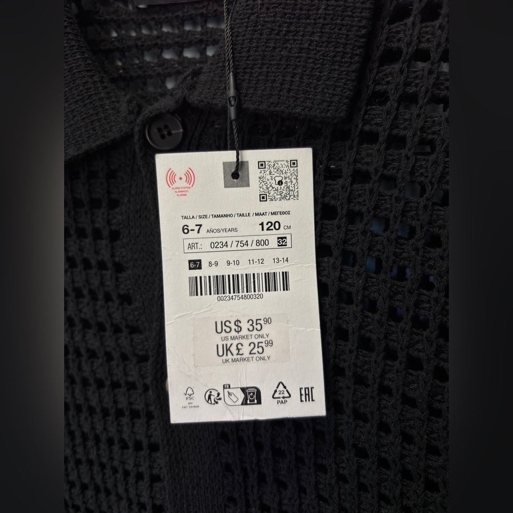 NWT Zara Kids Black Open-Knit Button Down Size 6-7 - Picture 3 of 5